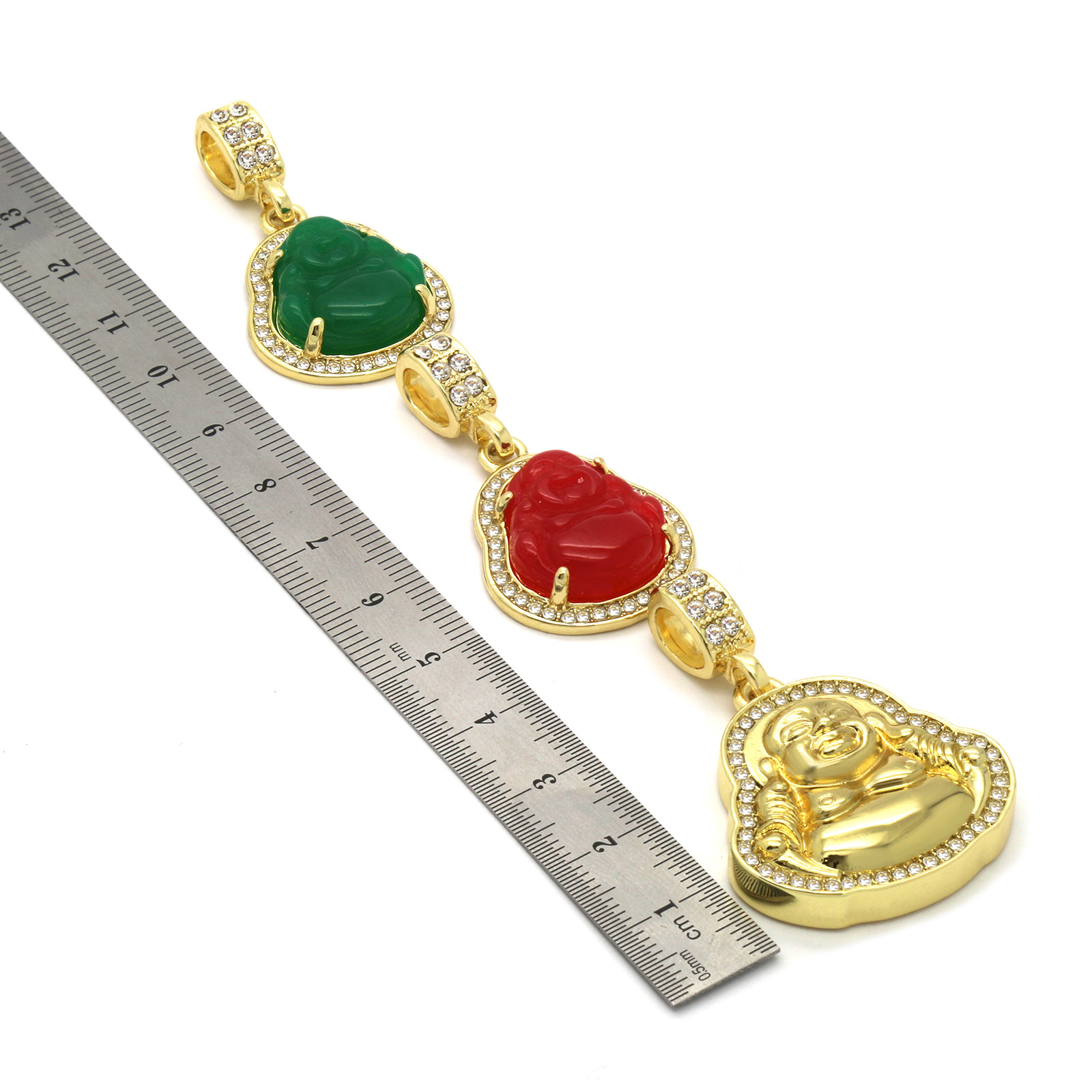 14k Gold Plated G, R Buddha 3 Pendant Cubic-Zirconia 30 30 24 Cuban Chain