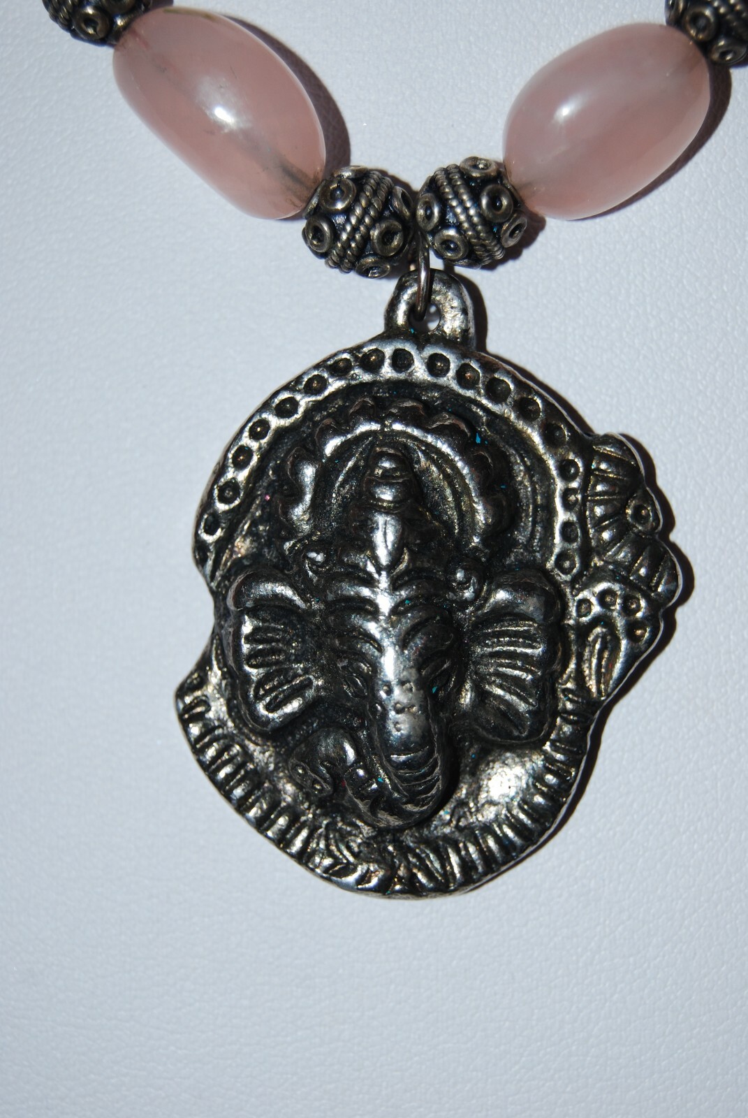 ELEPHANT SILVER TONED PENDANT WITH PINK NATURAL & GLASS BEADS STRAND NECKLACE
