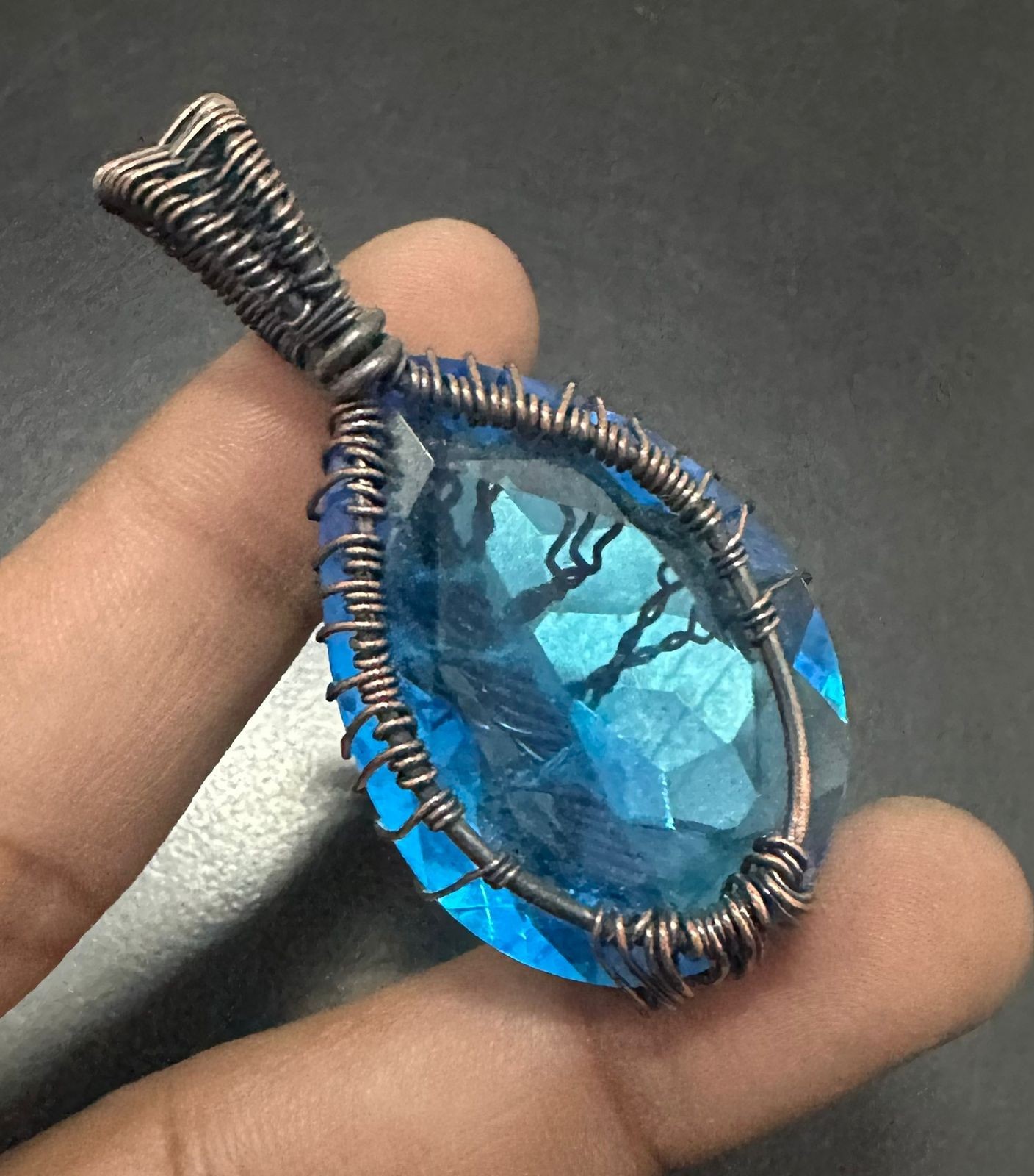 Blue Quartz Gemstone Copper Wire Wrapped Handmade Pendant Jewelry Gift For Love