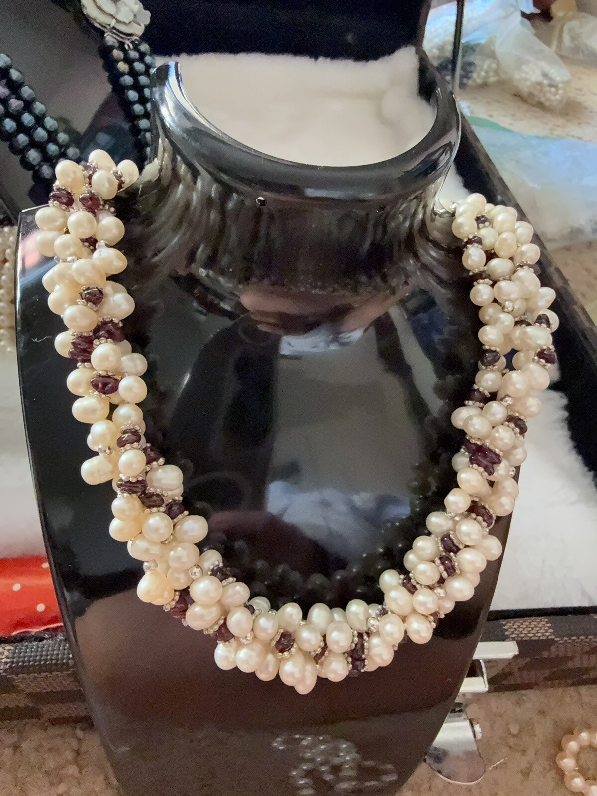 Cultured Pearl Necklace W. Real 925 Silver Clasp 3 Strands.