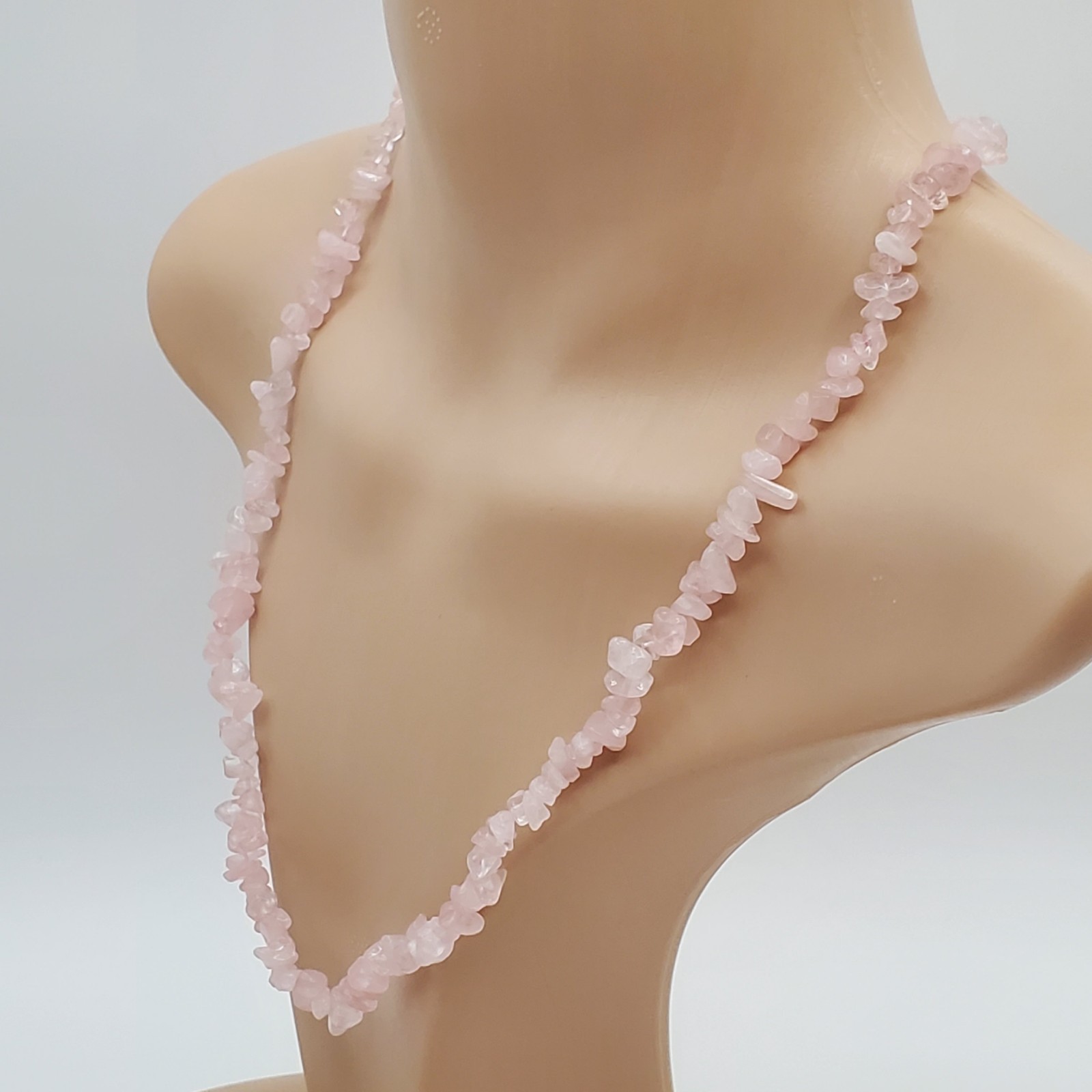 Rose Quartz Gemstone Chip Bead Necklace 23in Pale Pink Stones Magnetic Clasp VTG