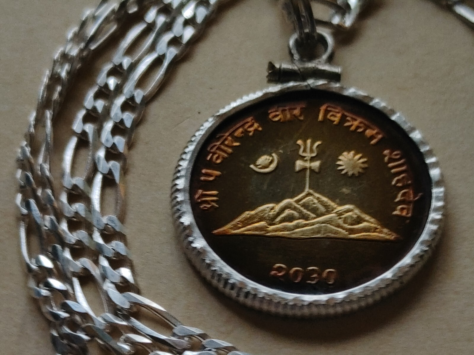 Sunrise & Sickle Moon Himalayan Mountain Nepal coin pendant & Italian 925 chain