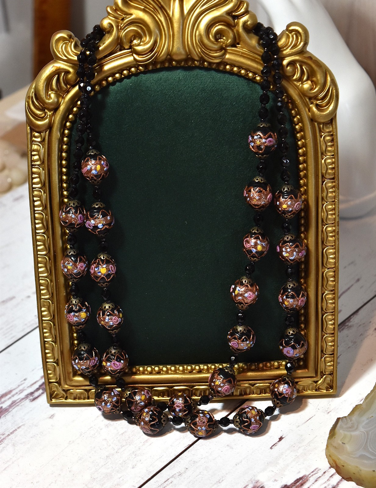 Vtg 2 Strand Venetian Murano Black Wedding Cake Glass Beaded Necklace Earrings