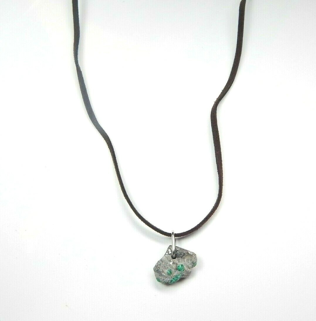 Colombian Emerald Raw MineraL Beryl 12.00 Cts Silver- Leather Necklace Muzo Mine