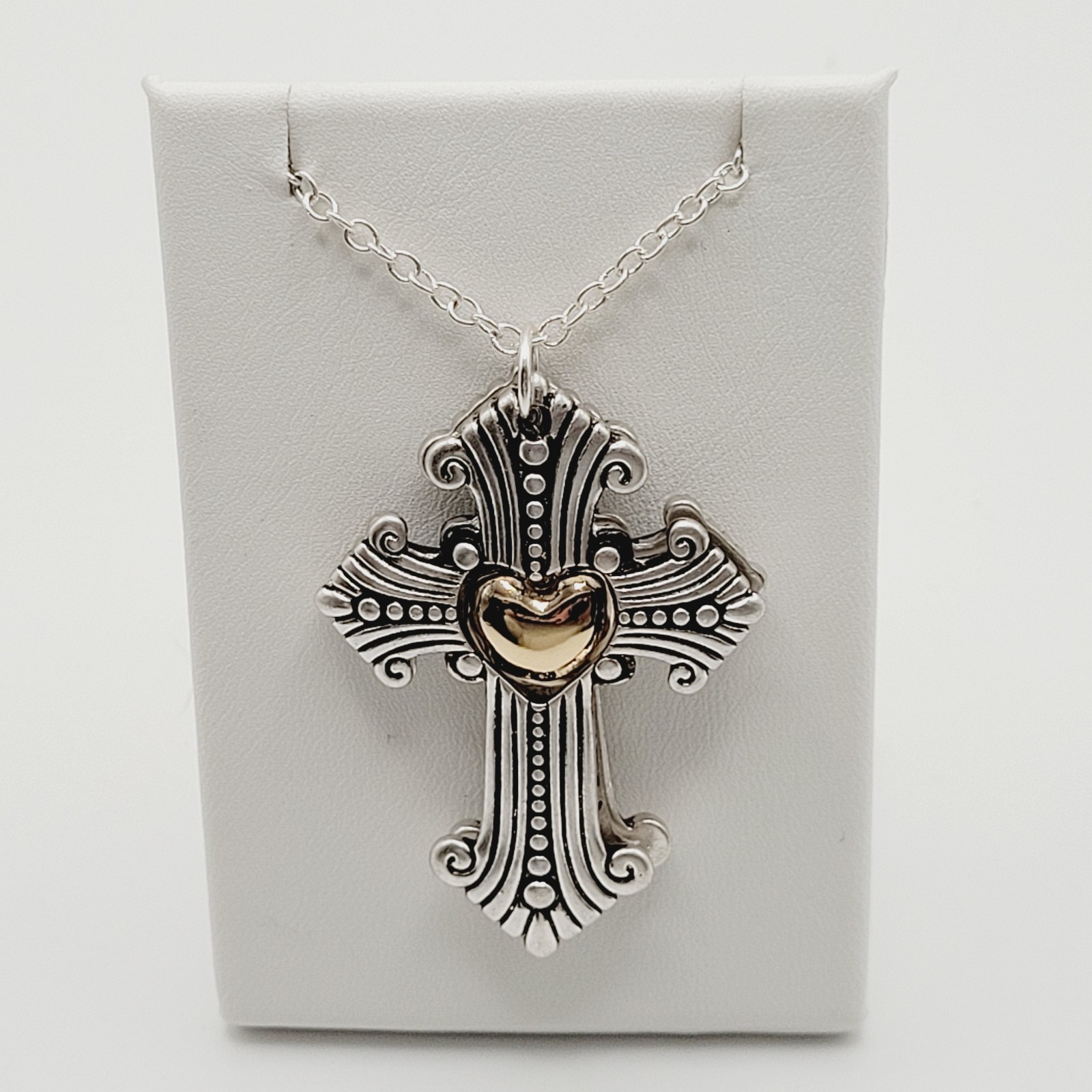 Modern Slide Cross Heart Charm Serenity Prayer Roman Style Silver Tone Necklace