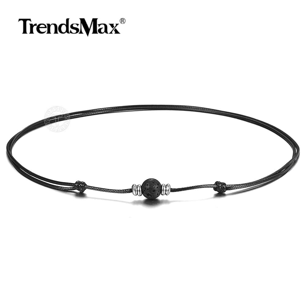 Black Lava Rock Bead Charm Leather Rope Choker Necklace 35-70″ (adjustable)