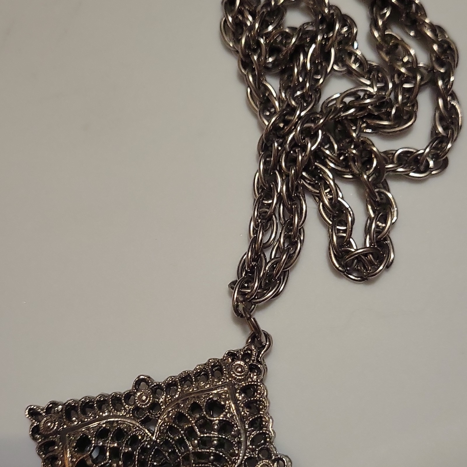 Silver Tone Rope Chain Necklace w/ Square Filigree Charm Pendant, No Stone