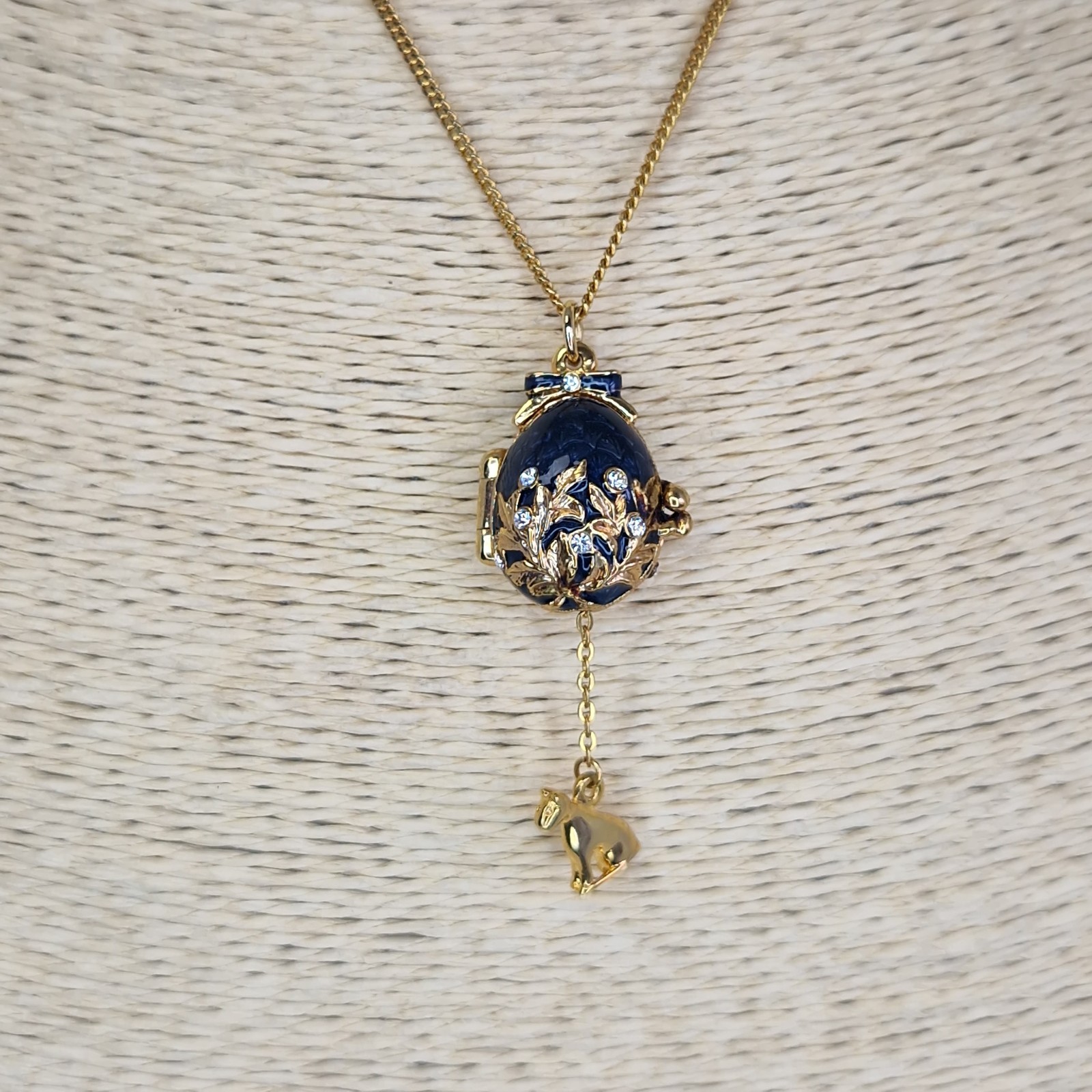Enamel Easter Egg Locket Necklace Dangly Hidden Charm Sphix Jeweled Louvre 46cm