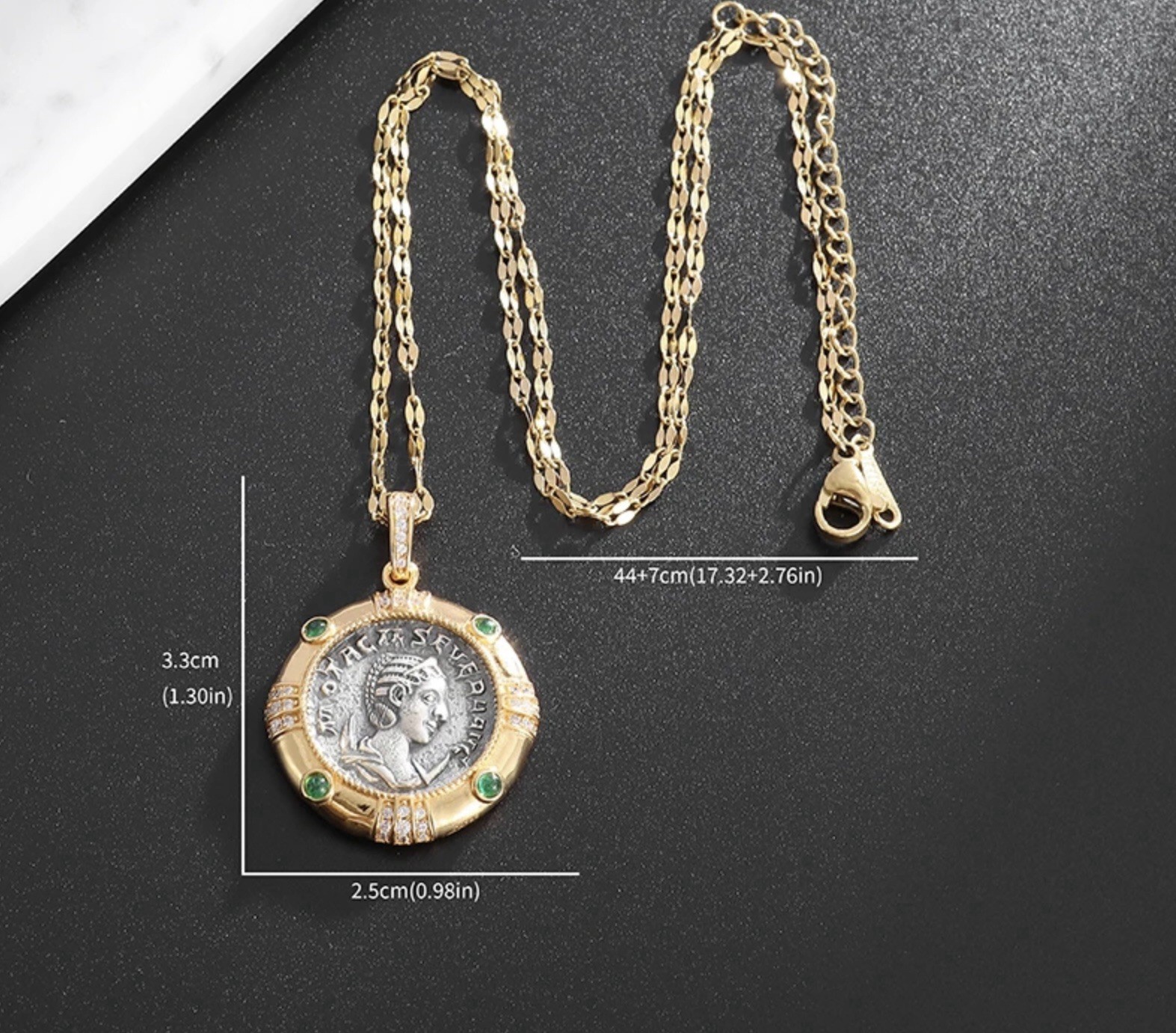 Ancient Greek Roman Coin Medieval Necklace Queen Gold Medallion Pendant CZ Boho