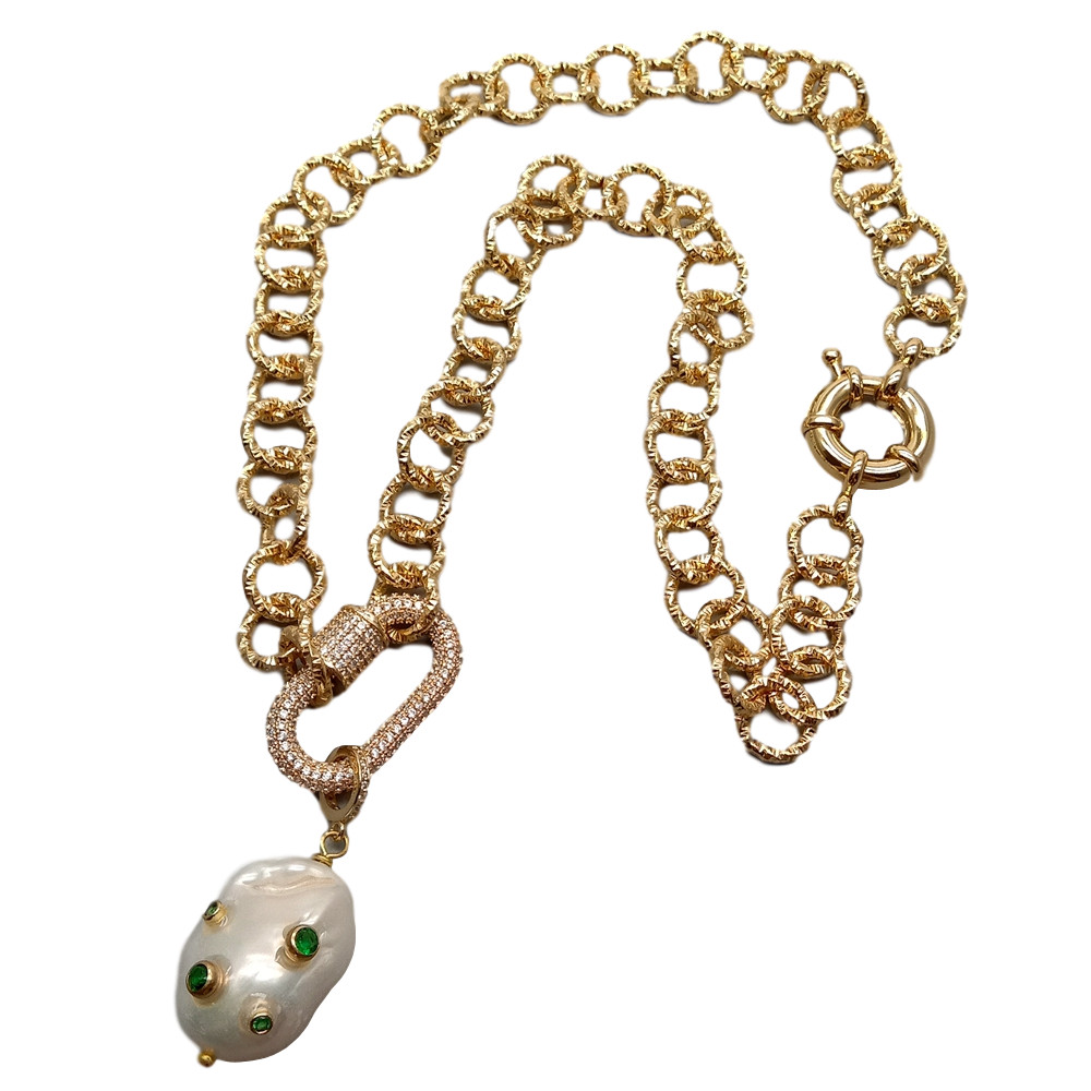 Cultured White Keshi Pearl Green Cz Pave Gold Plated Chain Necklace 18″