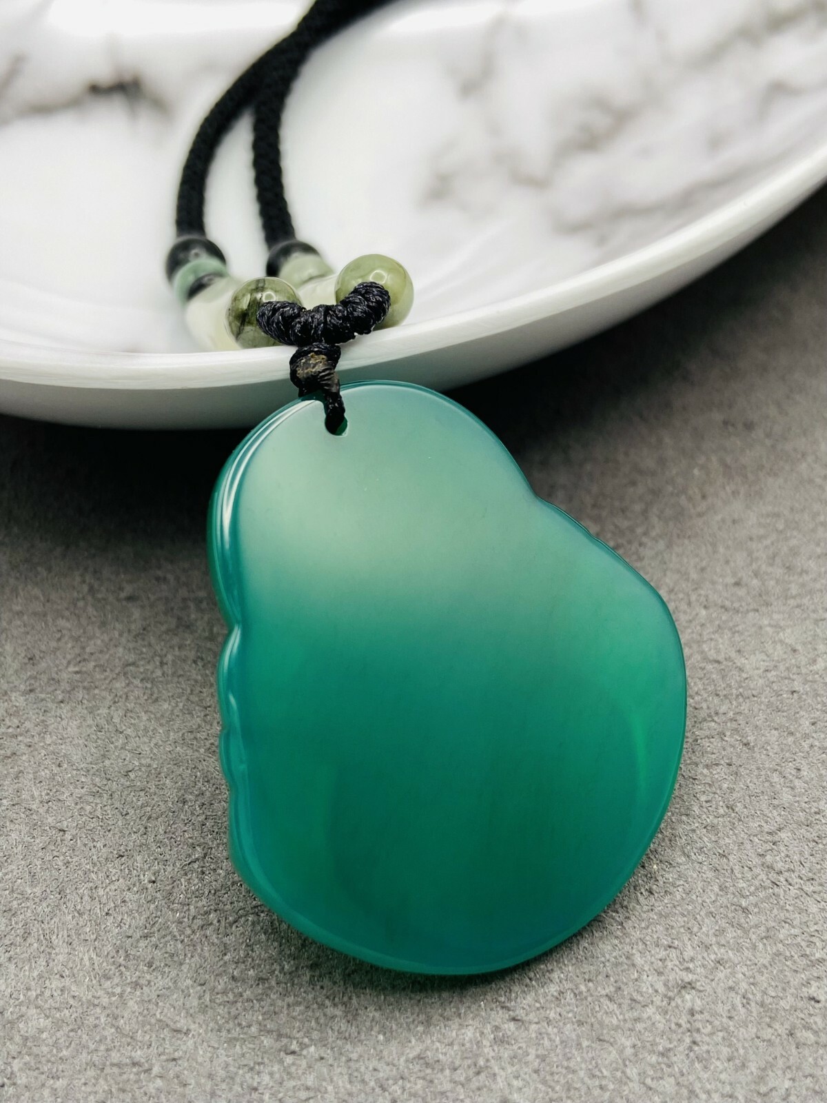 Jade Buddha Charm Pendant Necklace W/ Beads Cord Handmade Carved Green Gemstone