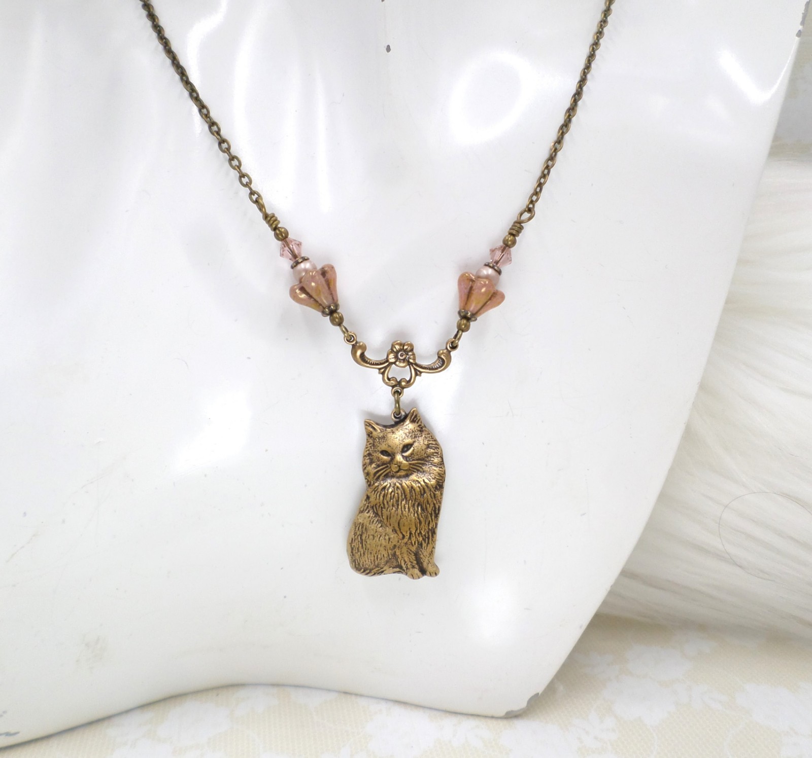 Vintage Style Cat Necklace with Pink Czech Glass Flowers, Antique Brass Handmade