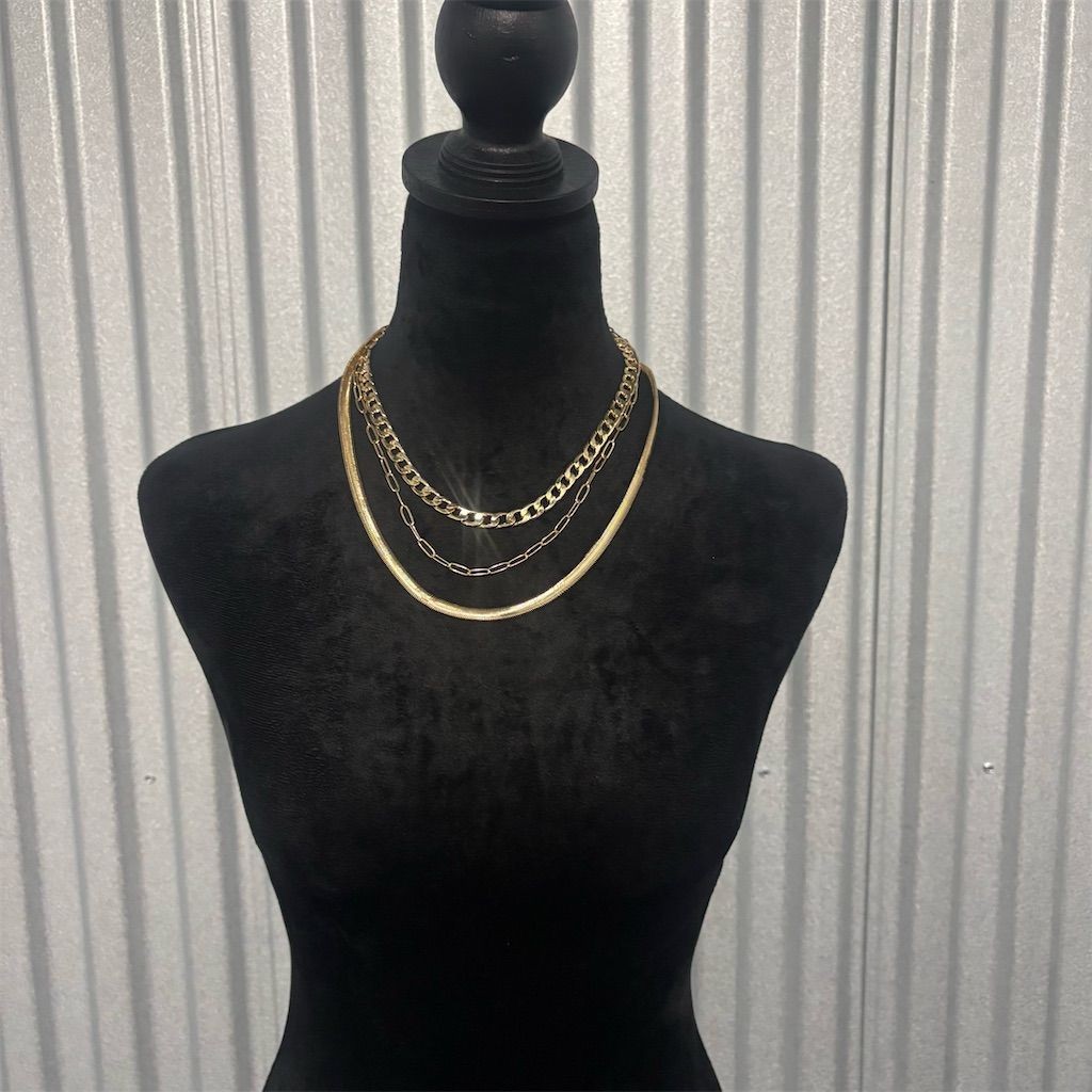 Gold Tone Necklace Layered Flat Herringbone Cuban Link Figaro Chains Women’s