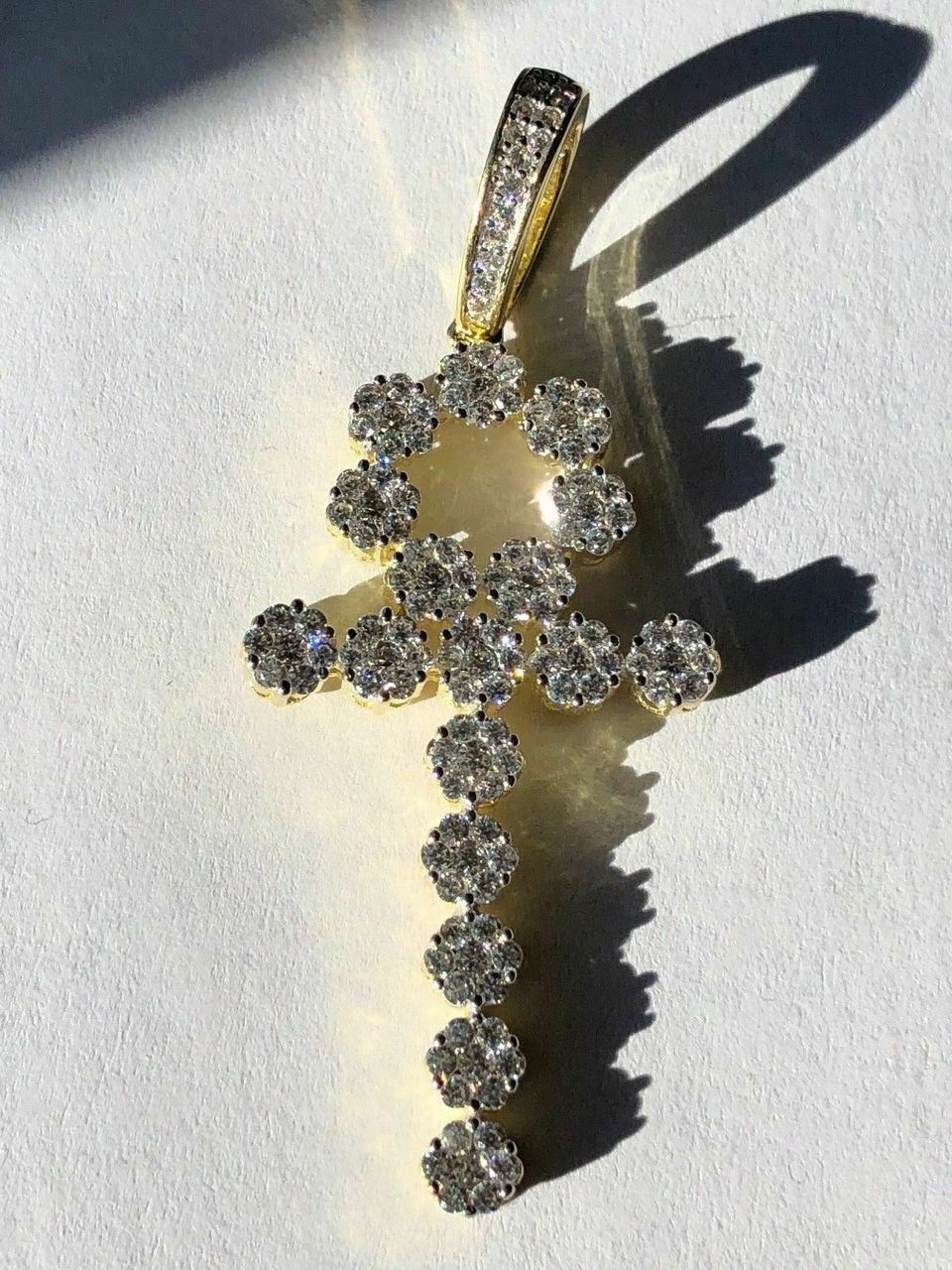 Simulated Diamonds Ankh Cross Tennis Pendant Real Solid 925 Sterling Silver Iced