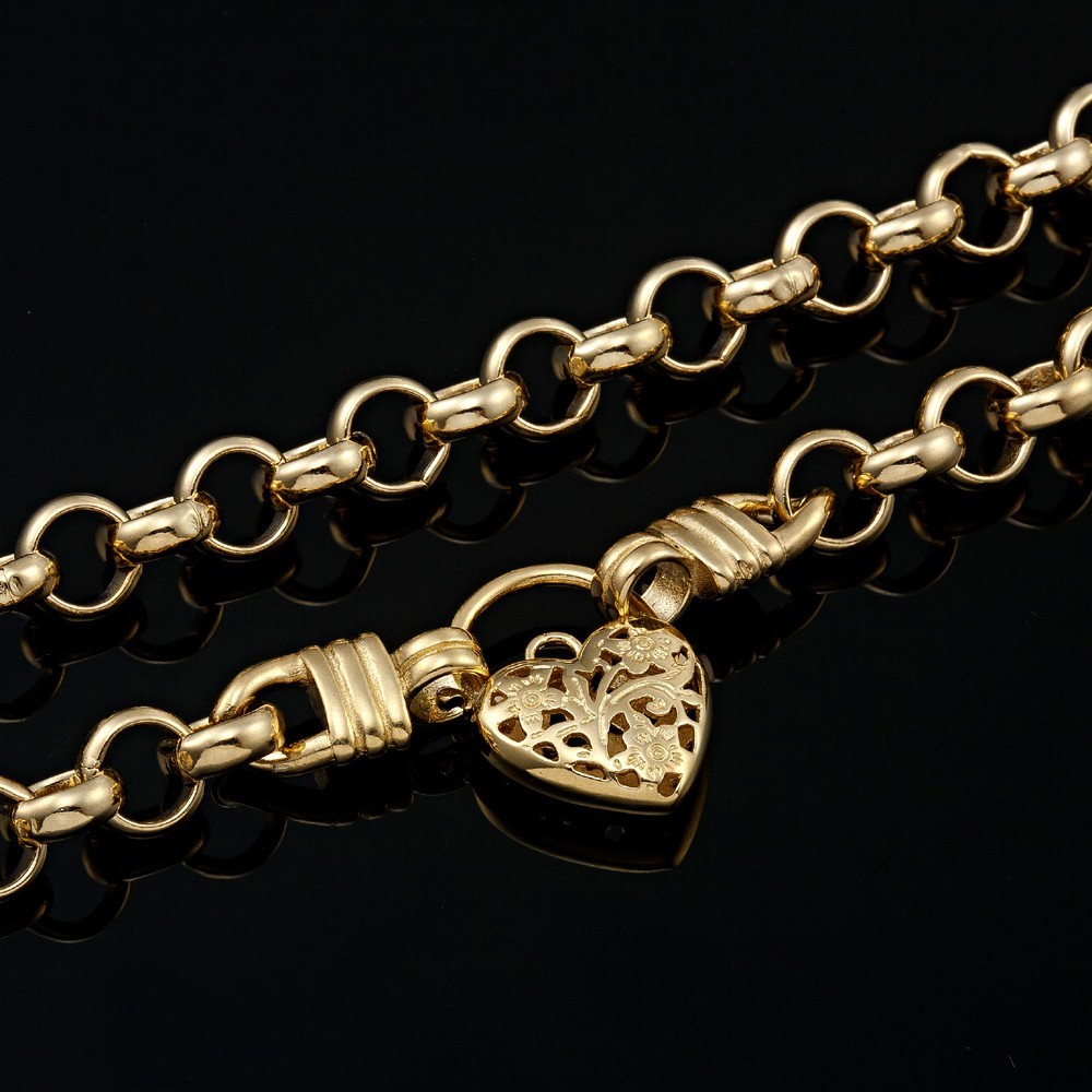 18K GL Thick Solid Belcher Yellow Gold Necklace Filigree Heart Padlock
