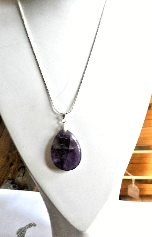 Ameythst teardrop 38x25mm on silver snake chain 18″long