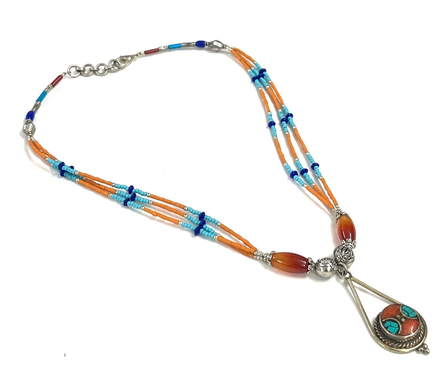 Nepalese Coral Carnelian Gemstone Tibetan Boho Necklace Jewelry, 17 inch Adjus
