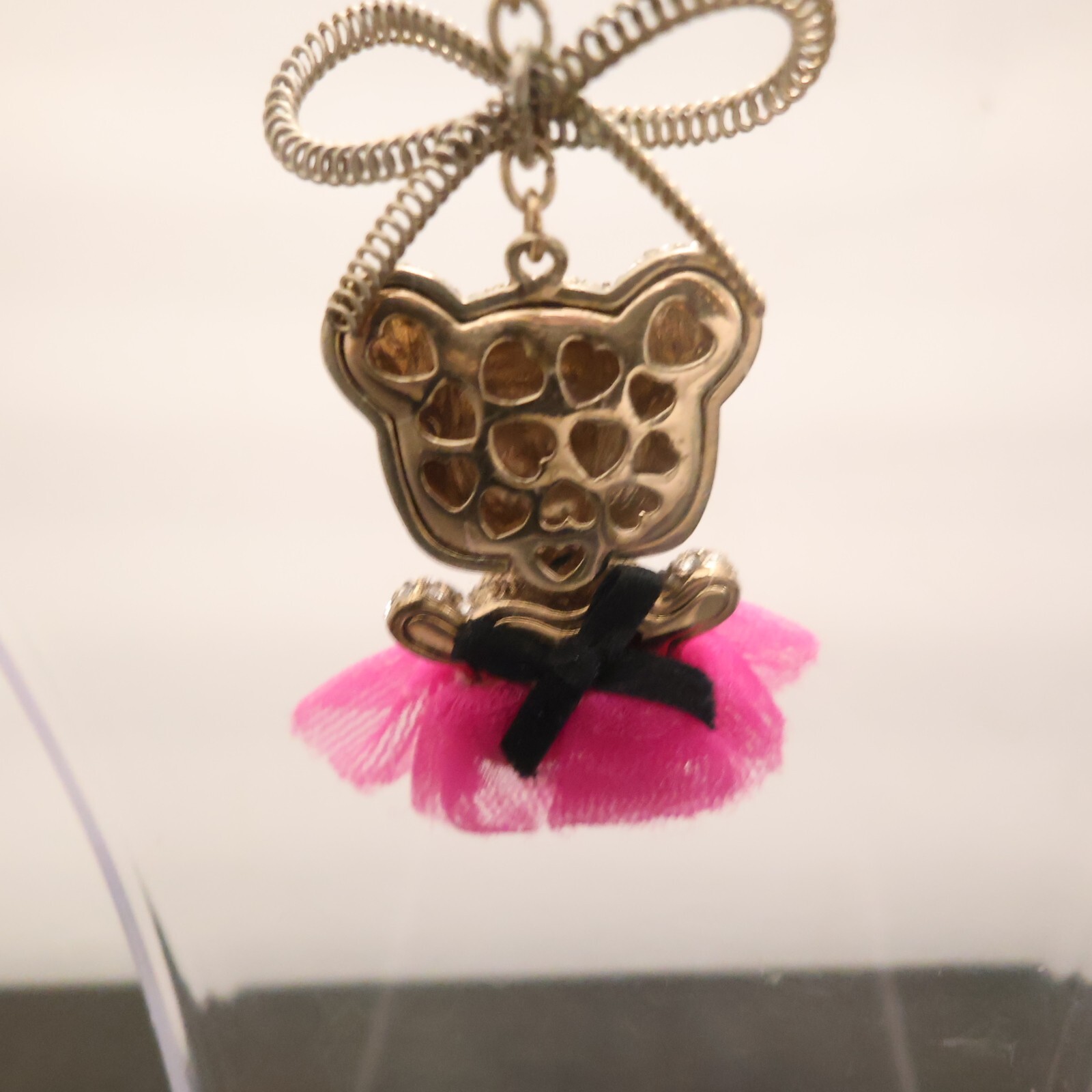 Betsey Johnson necklace teddy bear in ballerina costume magenta pink tutu signed