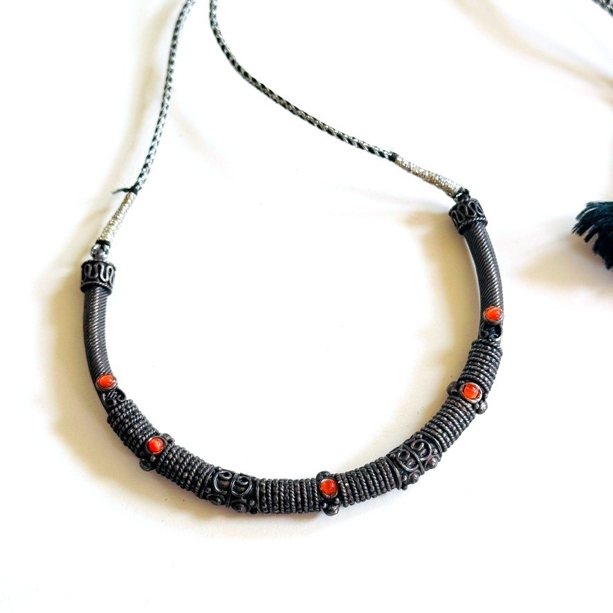 VTG Tribal Oxidized Necklace Glass Cabochon BOHO Tibetan Ethnic Nepal BOHO 26″