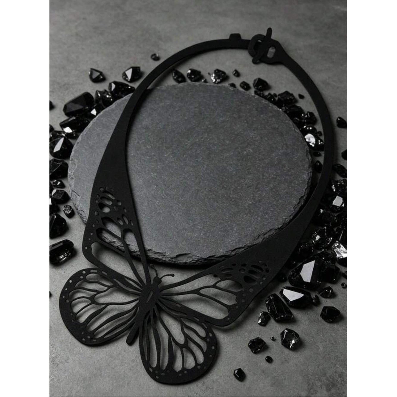 Hollow Carved Butterfly Choker, Black Double-Layer PU Leather Gothic Style