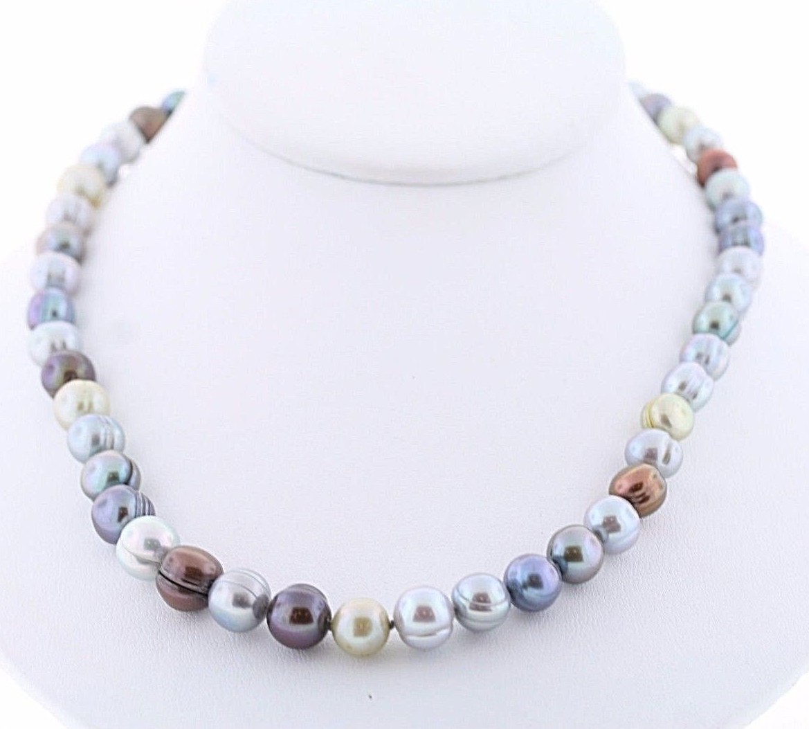 HONORA Genuine Cultured Frshwtr Dark Multicolor Ringed 8-10mm Pearl 18″ Necklace