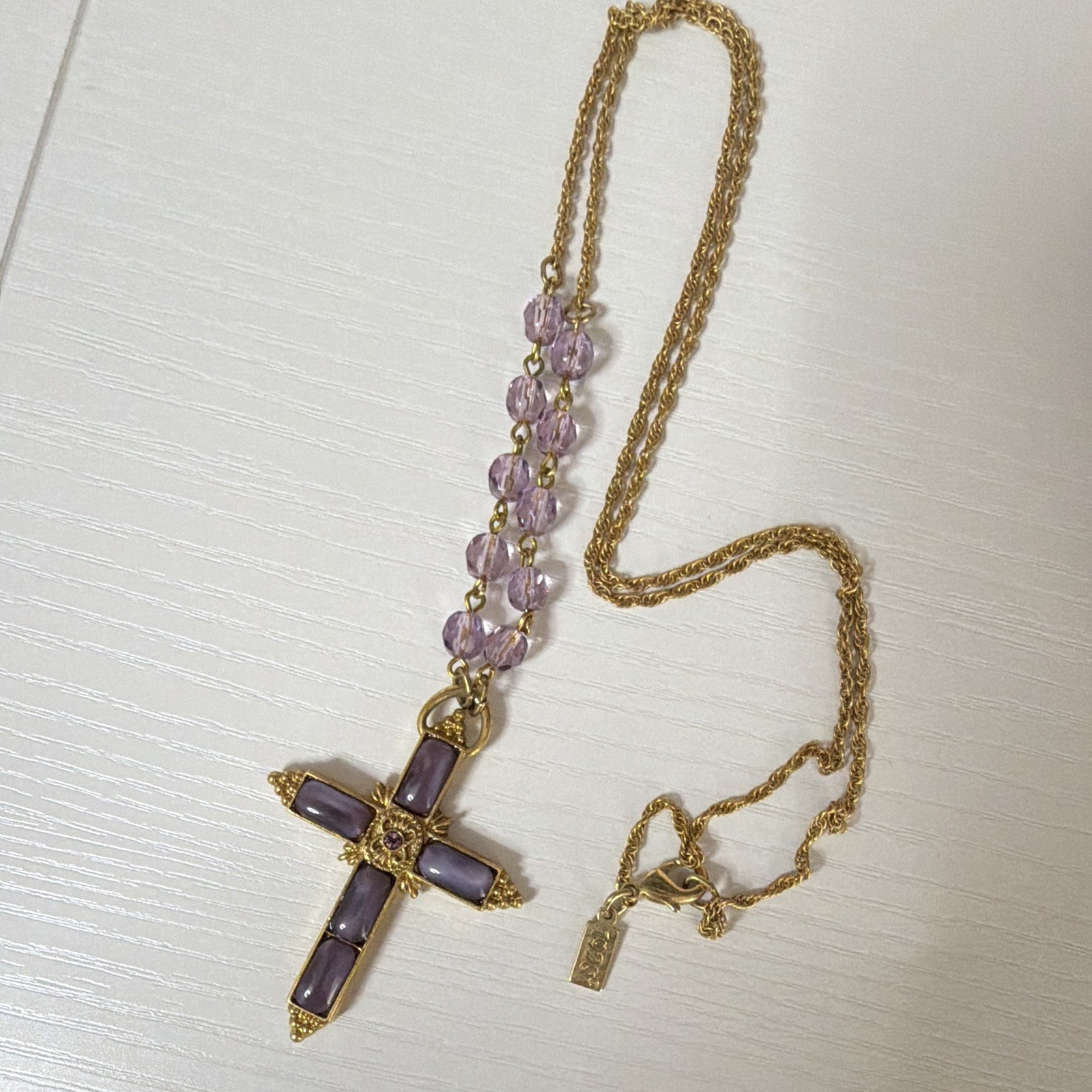 Gold Tone Rope Chain Necklace Purple Crystal Bead Cross Pendant Lobster