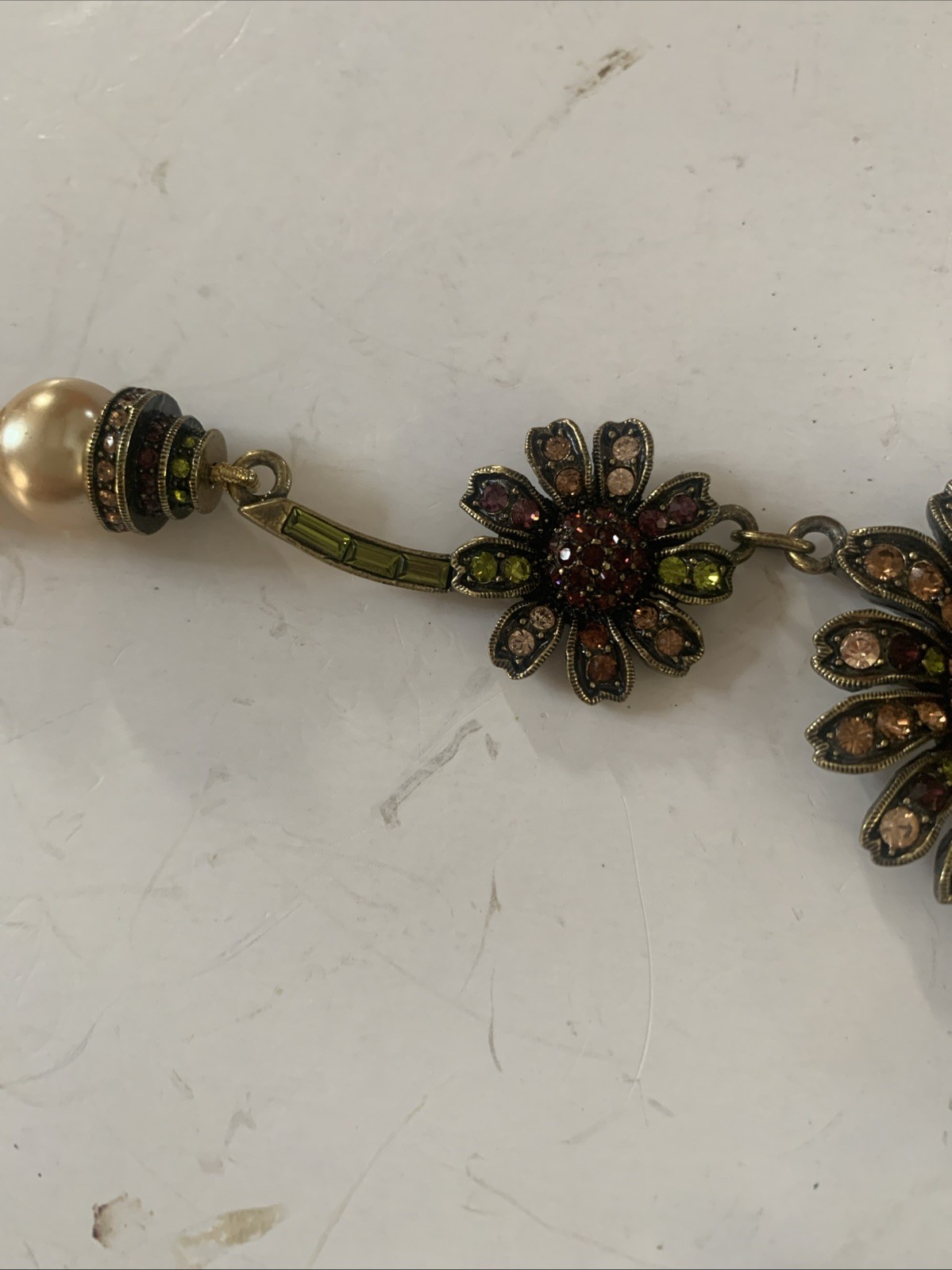 Heidi Daus Necklace Crystal Sunflower Y-Drop Champagne Faux Pearls Excellent