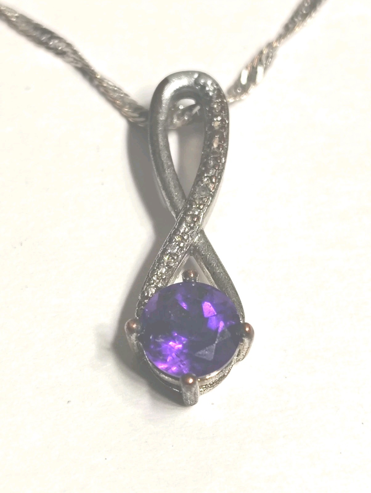 8 mm Amethyst Crystal Infinity Charm Pendant, New 17″ Sterling Silver Chain