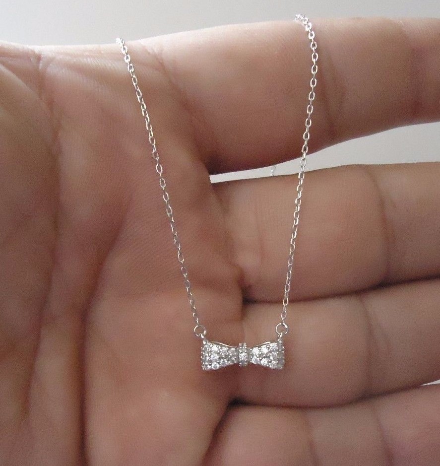 BOW NECKLACE PENDANT W/ .75 CT LAB DIAMONDS /925 STERLING SILVER/ 18 INCH