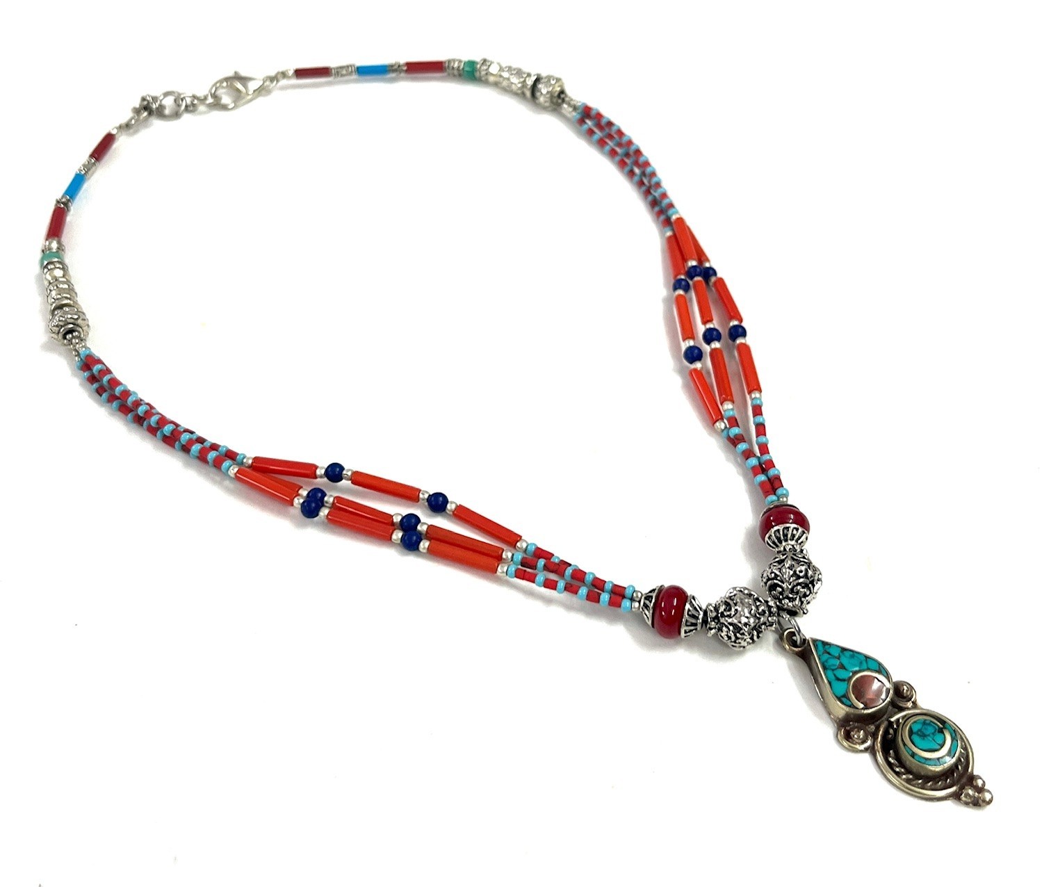Art Deco Red Coral Turquoise Gemstone Tibetan Necklace Jewelry, 16 inch Adjust