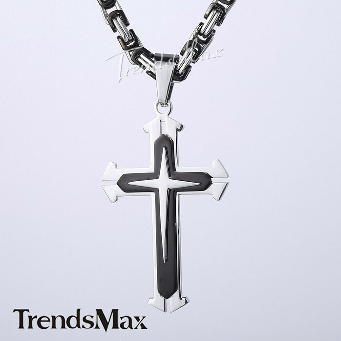 Mens Chain Silver Black Byzantine Box Stainless Steel Cross Pendant Necklace 22″