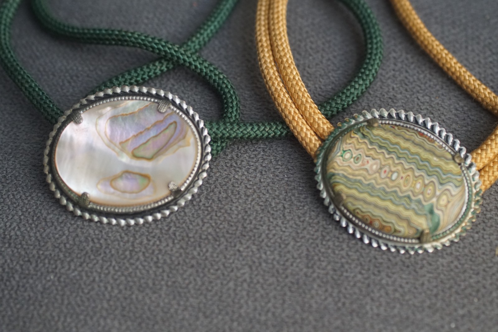 Vintage Abalone on Green Cord 18″ Lariat String Ties (2), adjustable length