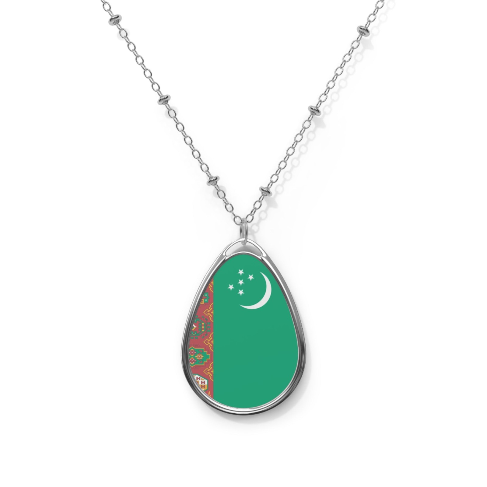 Turkmenistan Flag Oval Necklace – Patriotic Pendant – One Size / Silver
