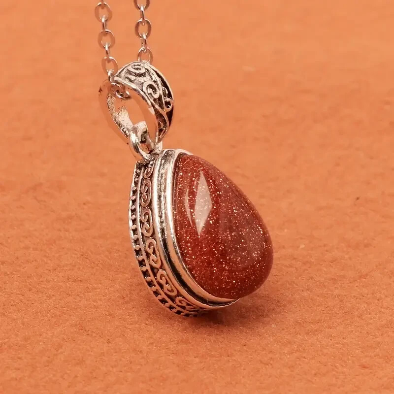 Beautiful Gold Sand Stone Teardrop Pendant & 18″ Necklace FREE SHIP IN THE USA!