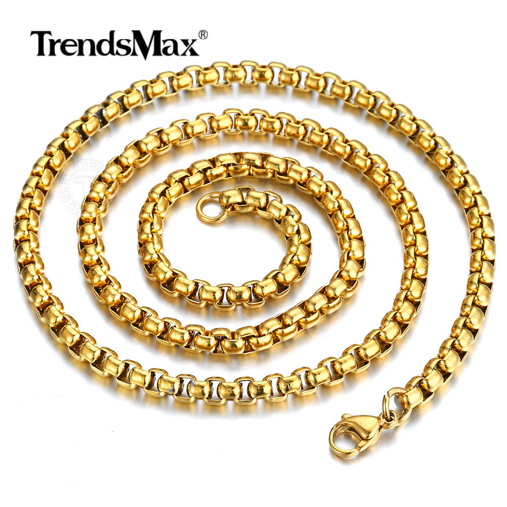 5MM Mens Boys Chain Round Box Link Gold Plated Stainless Steel Necklace 18″-24″