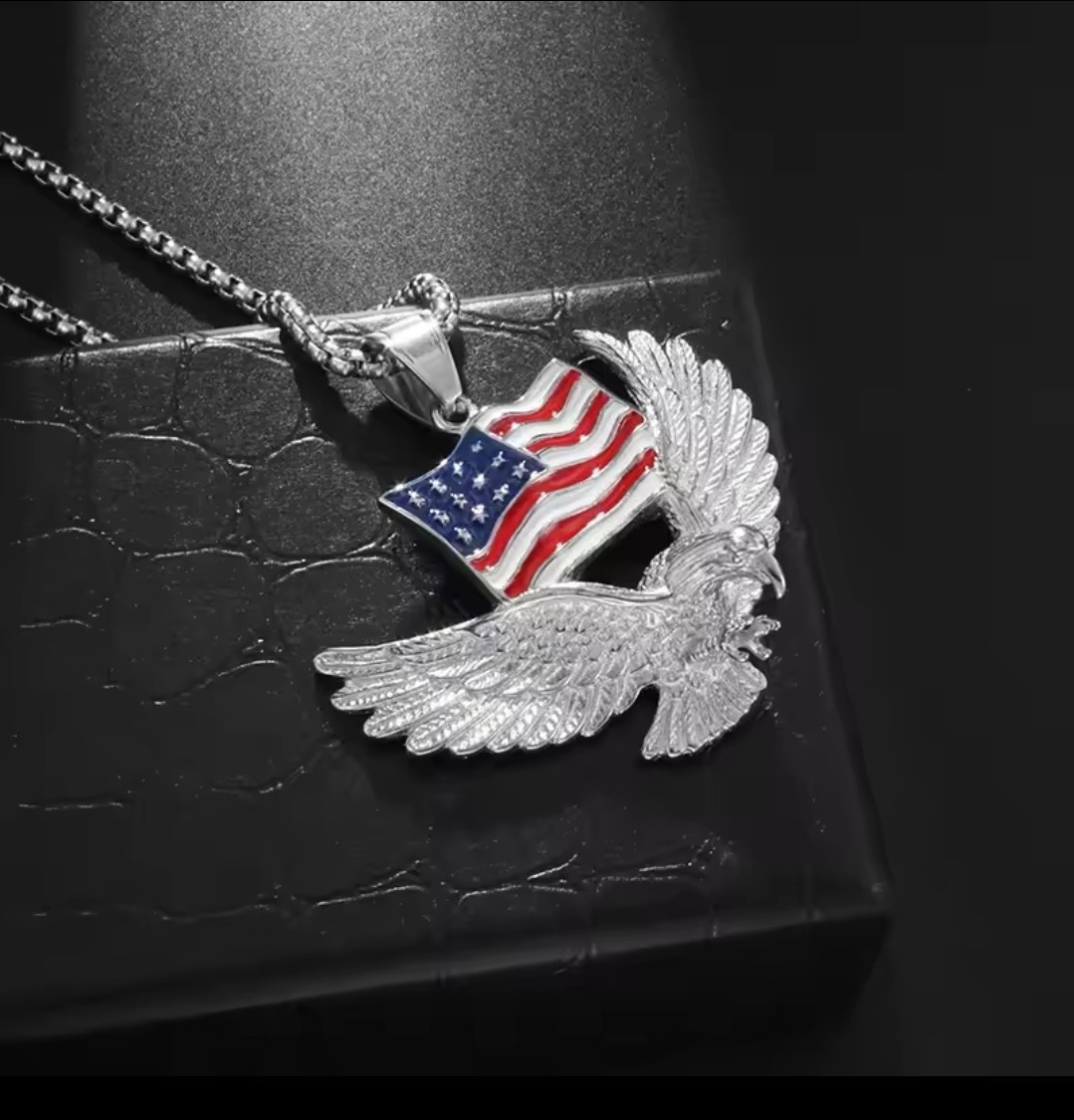 Men’s Hip Hop Fashion Eagle American Flag Silver Color Pendant and Necklace 5-2F