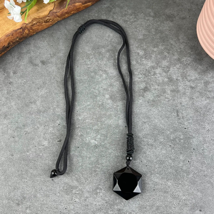 Black Obsidian Pendant Hexagon Necklace Women Men Amulet Stone Crystal Jewelry