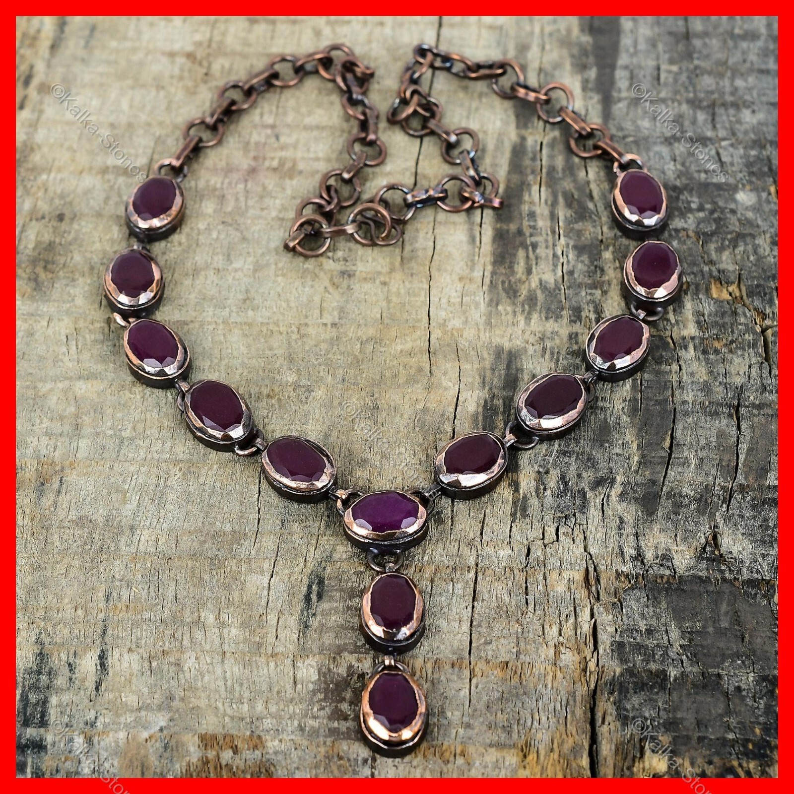 Copper Natural Kashmir Rubi Bezel Chain Electroformed Artisan Necklace Jewelry