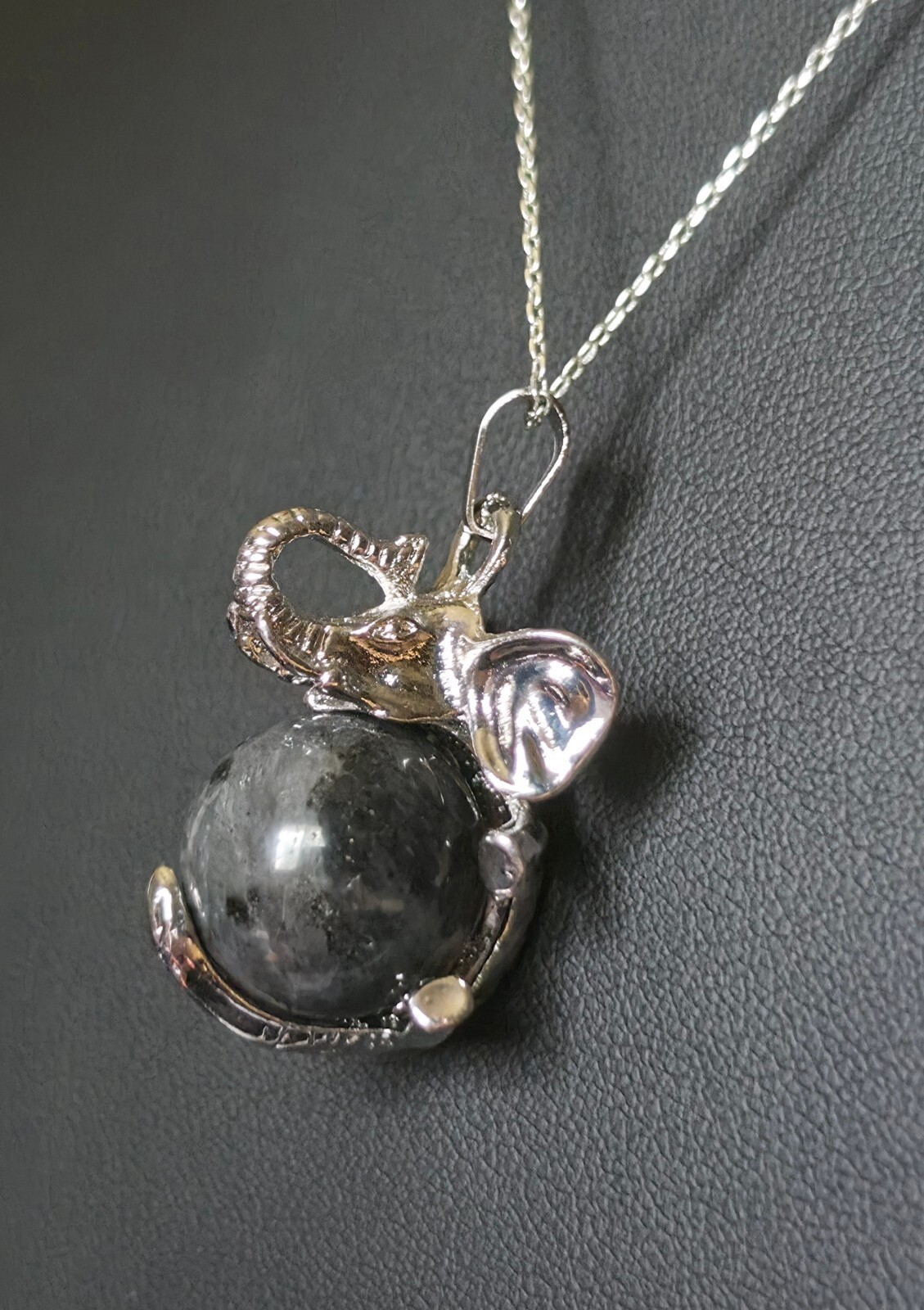 Elephant Pendant Gray Labradorite Stone Sphere Silver Tone 1.5″ Boho