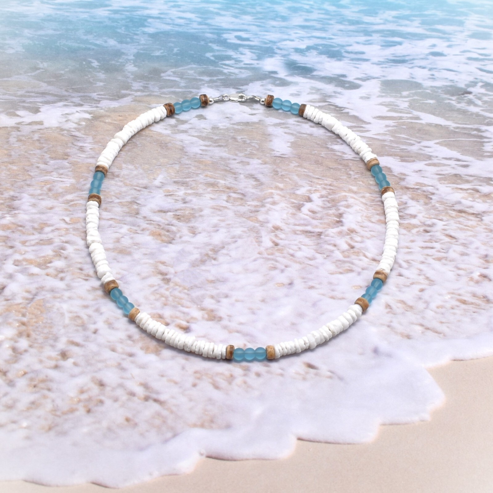 Charm Natural White Shell Blue Crystal Beads Necklace for Men Women Surf Choker