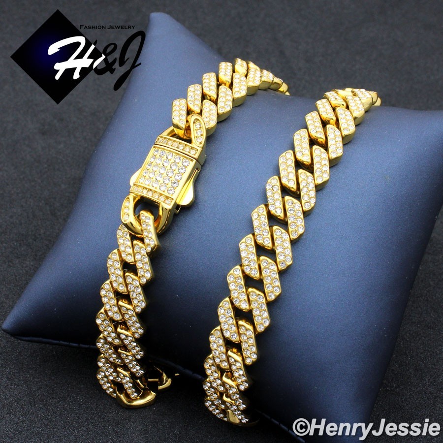 16″-40″MEN Stainless Steel Full CZ 10/12mm Gold Plated Miami Curb Necklace*GN171
