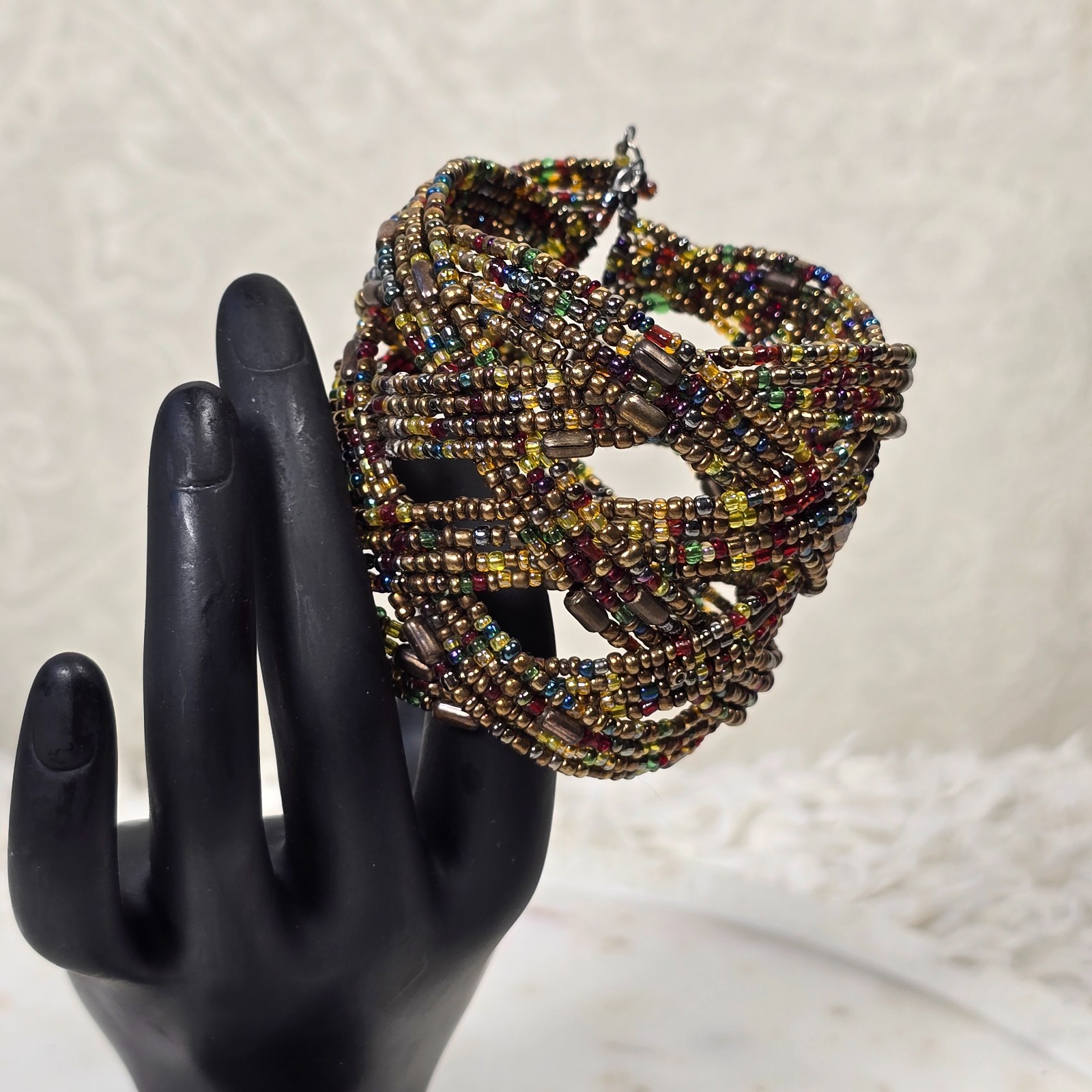 Vintage Handmade Artisan Beaded Braided Cuff Bracelet