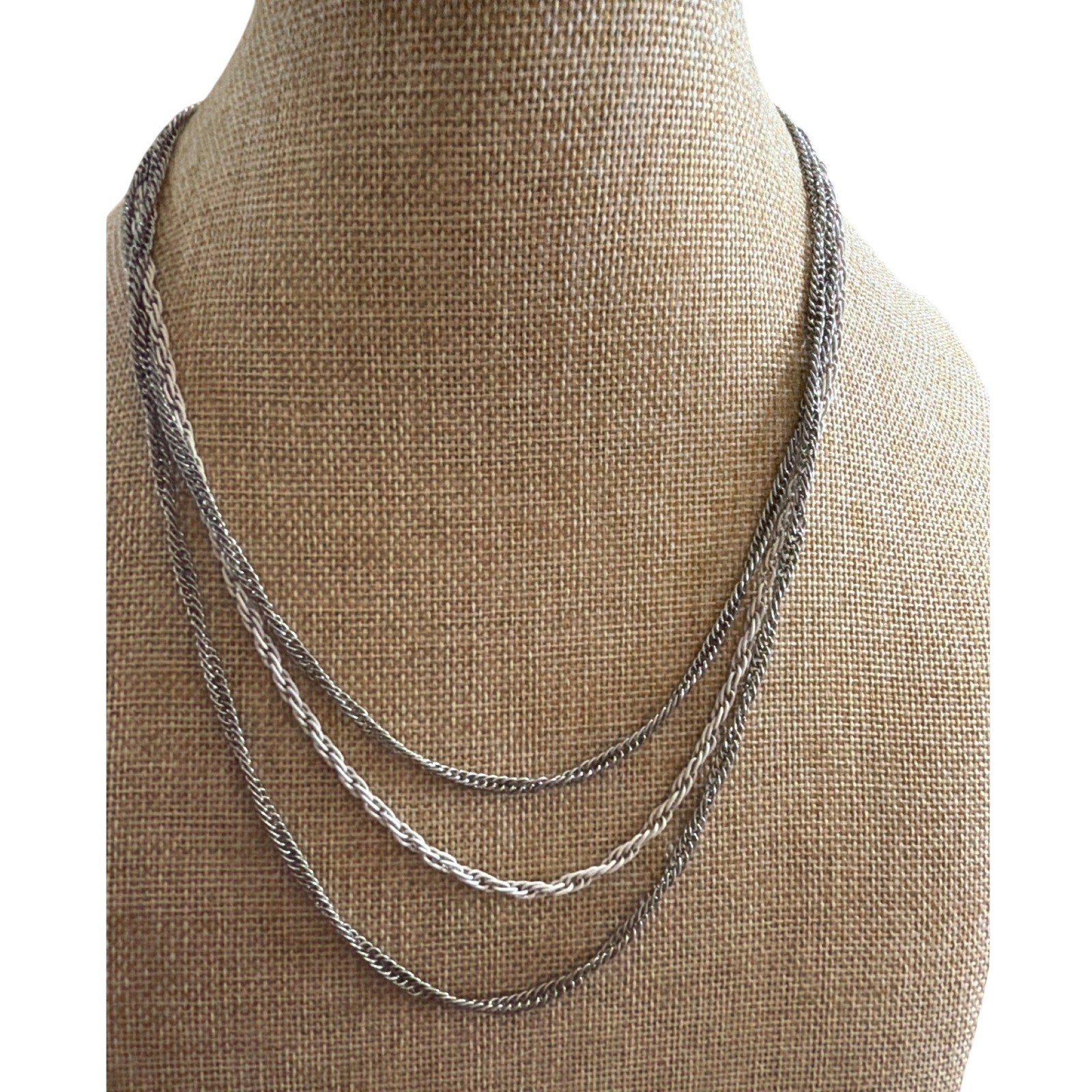 Vintage Triple Strand Silver Tone Layered Chain Necklace with Magnetic Orb Clasp