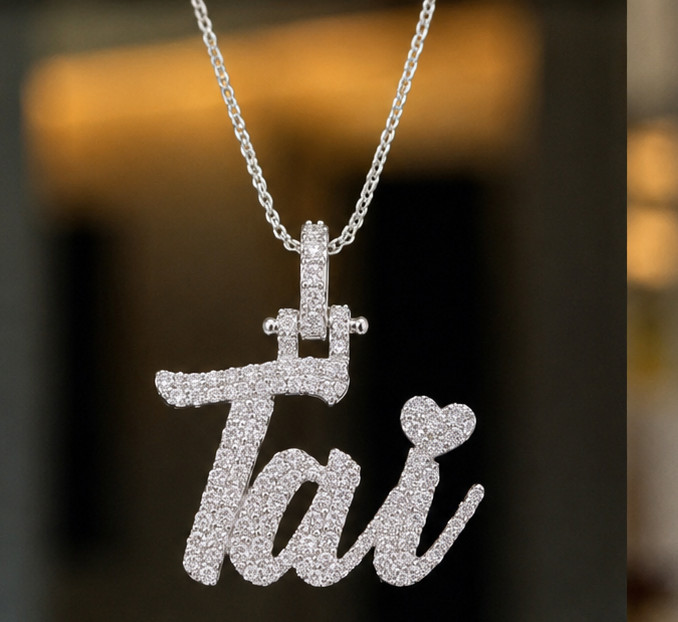 1.20Ct Round Cut Simulated Diamond Custom Initial Pendant 14K White Gold Plated