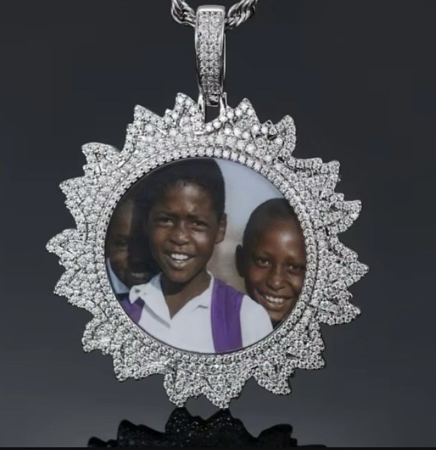 Silver Tone Pavé Iced Out Round Engraved Photo Pendant Rope Chain Necklace