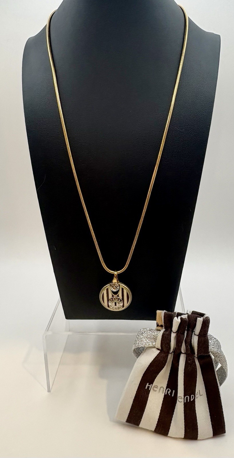 Henri Bendel Lock Pendant Necklace Brown White Stripe Gold Tone Snake Chain