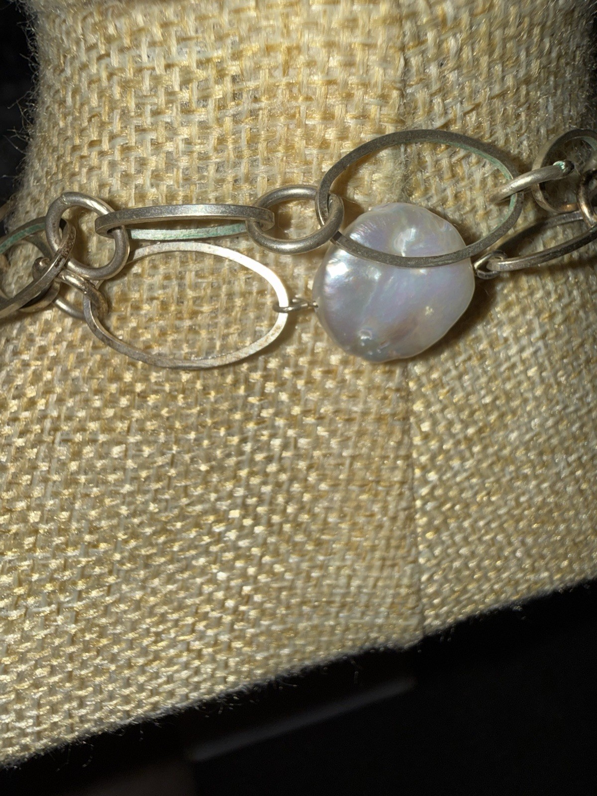 Silver Tone Oval Link Station Necklace Baroque White Pearl Chain