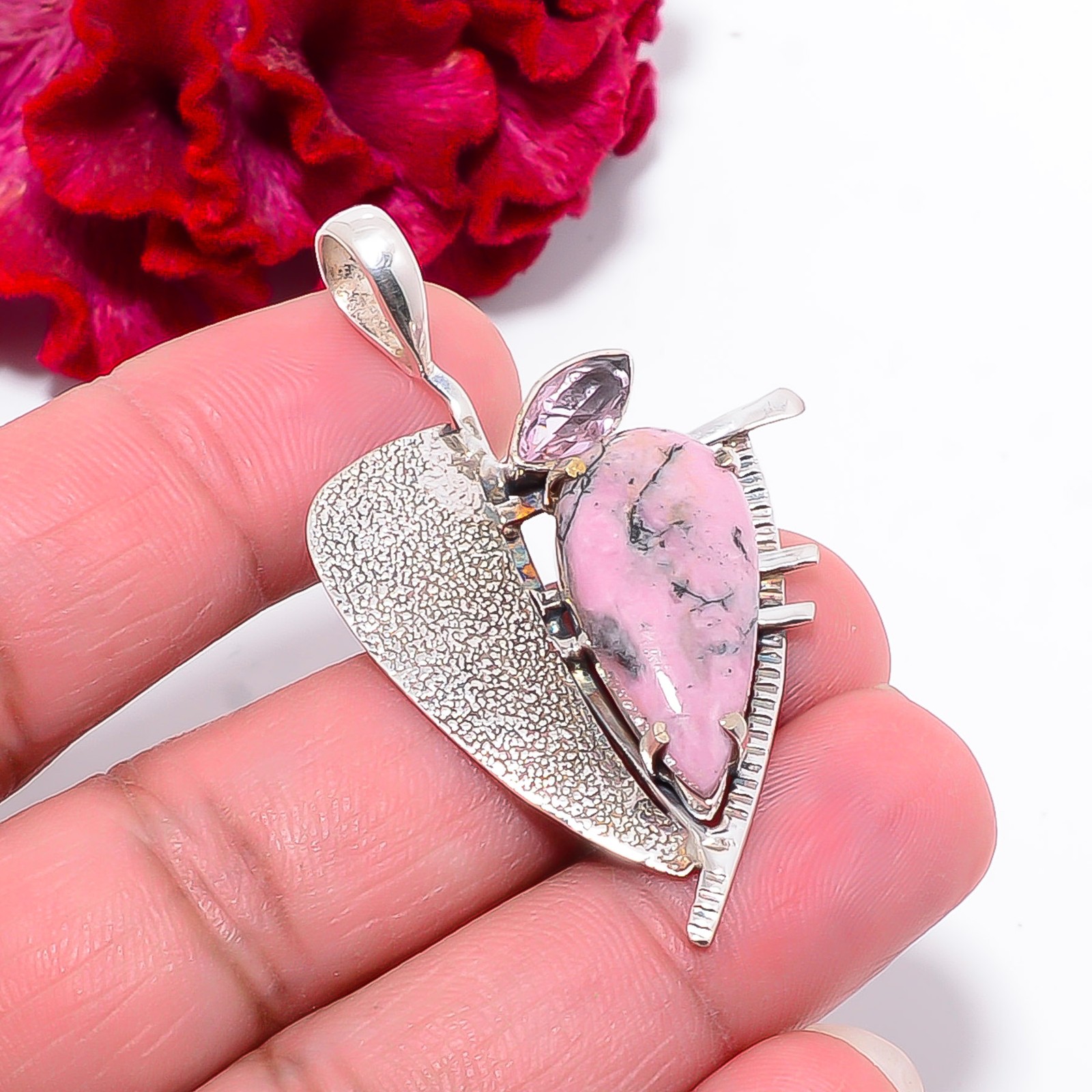 Black Manganese In Rhodonite & Pink Kunzite 925 Silver Pendant 1.99″ P1028810229