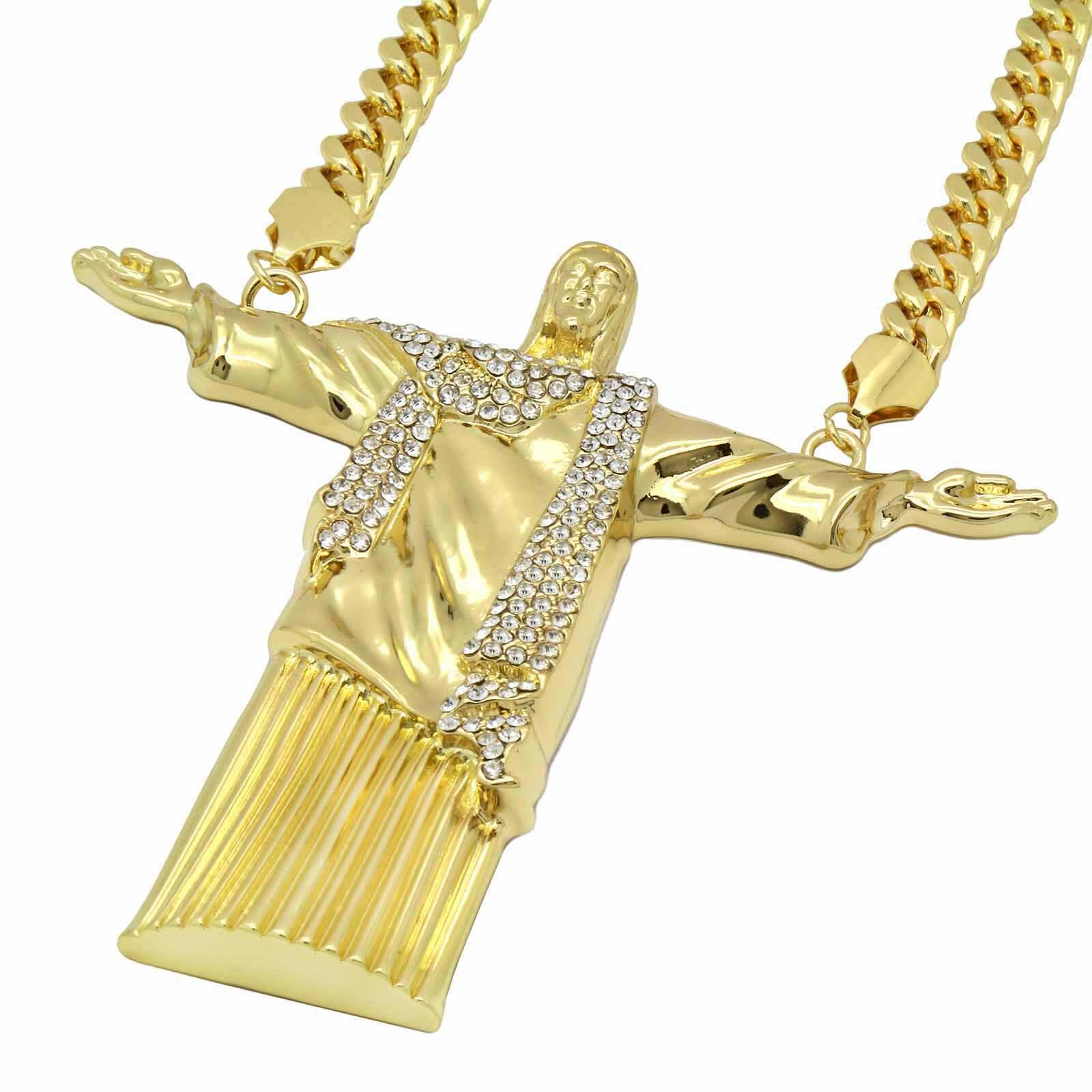 Hip Hop 14k Gold Plated Huge “JESUS” Pendant Cubic Zirconia 30″ Cuban Chain (H)