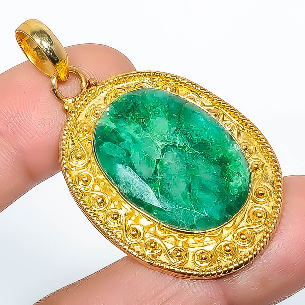 Emerald (Lab-Created) Silver Gold Plated Pendant 1.76″ P7622-209